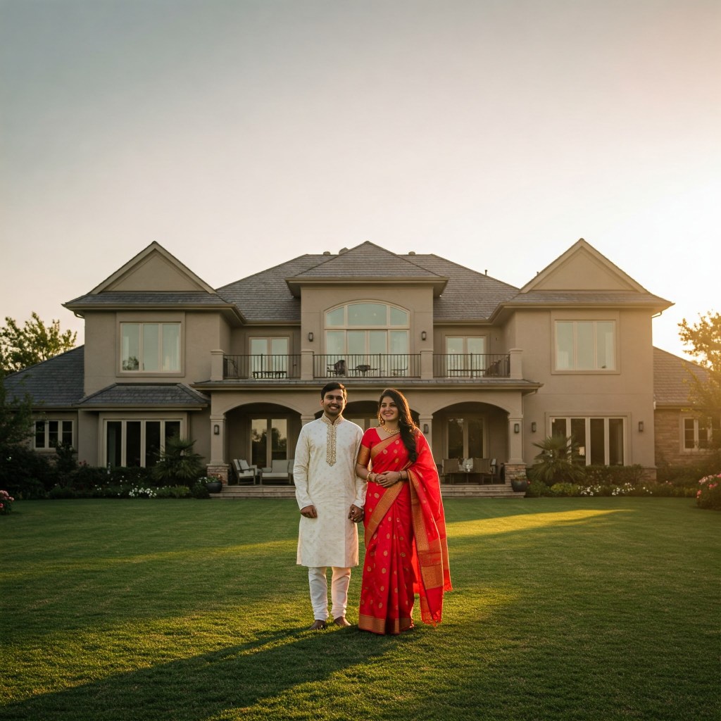 Beautiful indian couple in front of home morning time